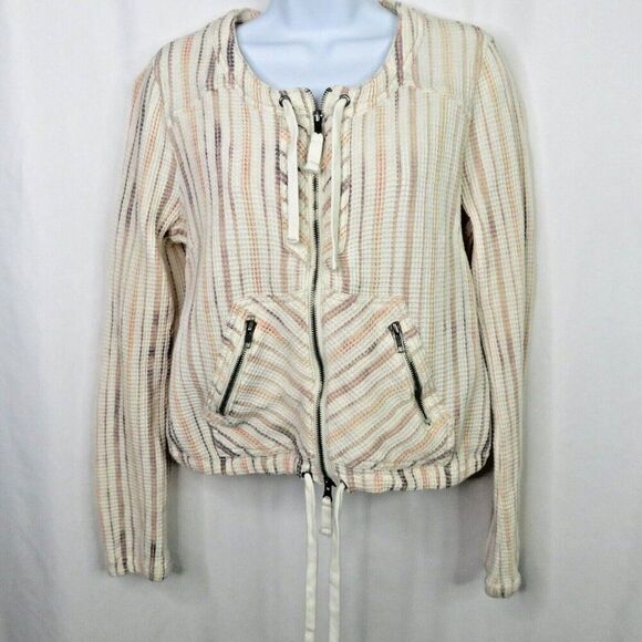 Free People Waffle Striped Jacket Size Small Peach Zipper Bomber Boho - Picture 1 of 12